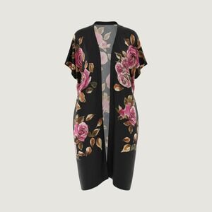 Signals Floral Kimono Robe Womens XL Black Pink Rose Open Front Maxi Whimsigoth